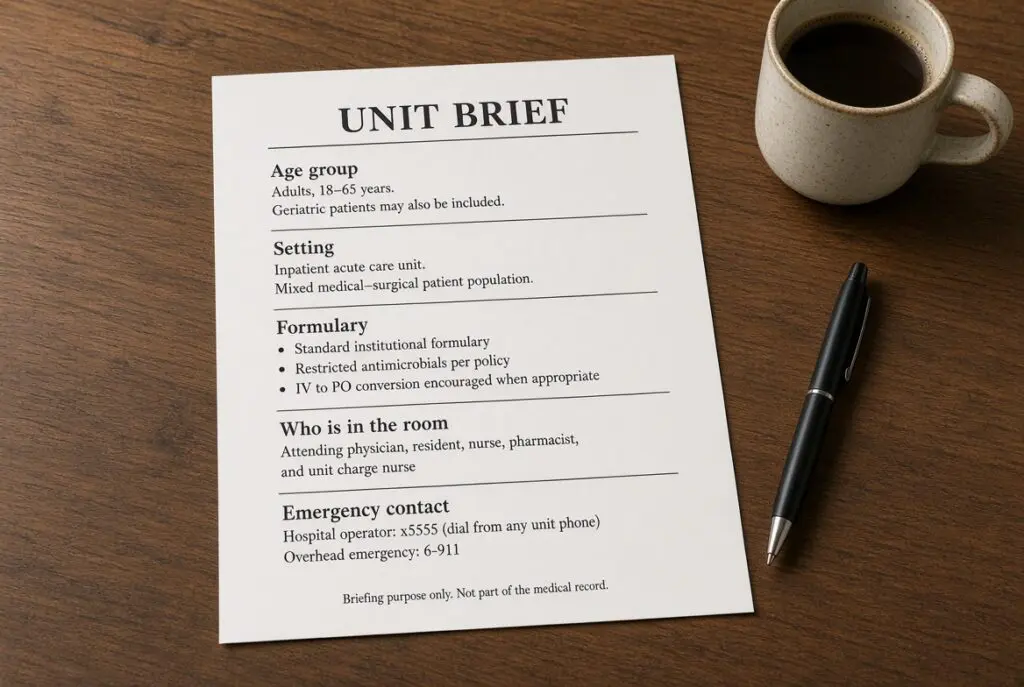 One-page house brief used for specialty-matched telepsychiatry staffing before the first video visit.