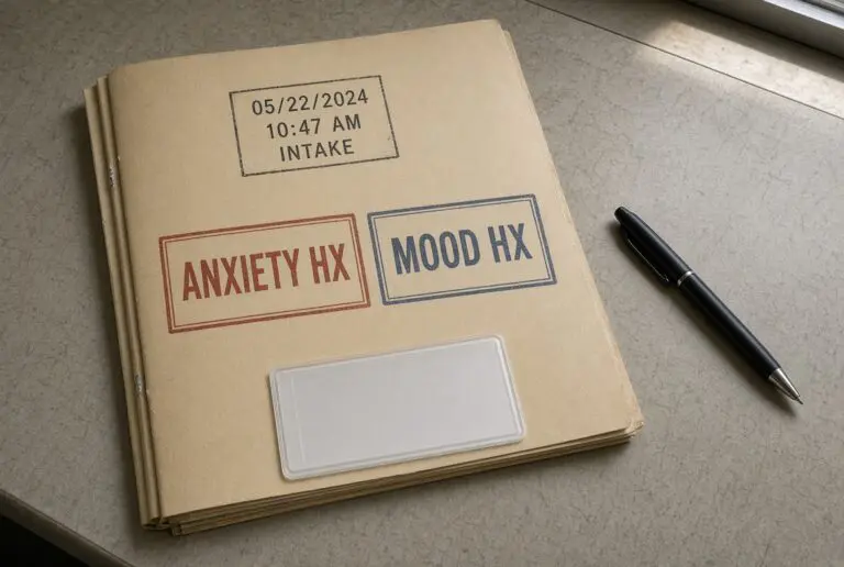 Facility chart stamped for both an anxiety history and a mood history at first-contact intake. Why it is different: the homepage and blog never use an overhead chart-stamp still life. No tablet, no video face