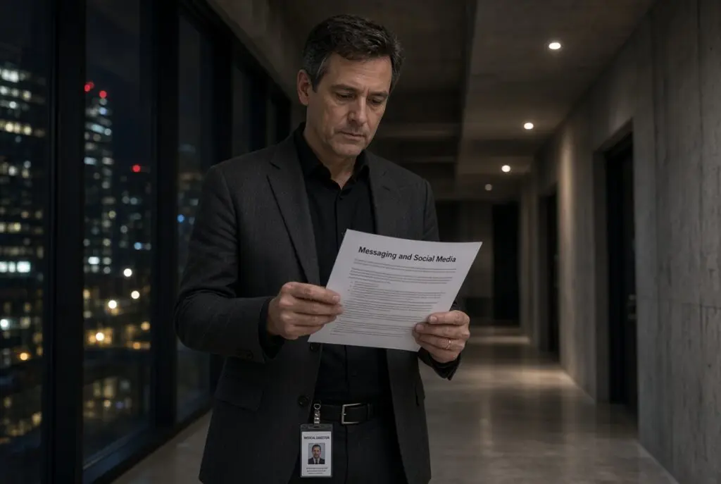Medical director reviewing a written messaging and social-media policy after hours
