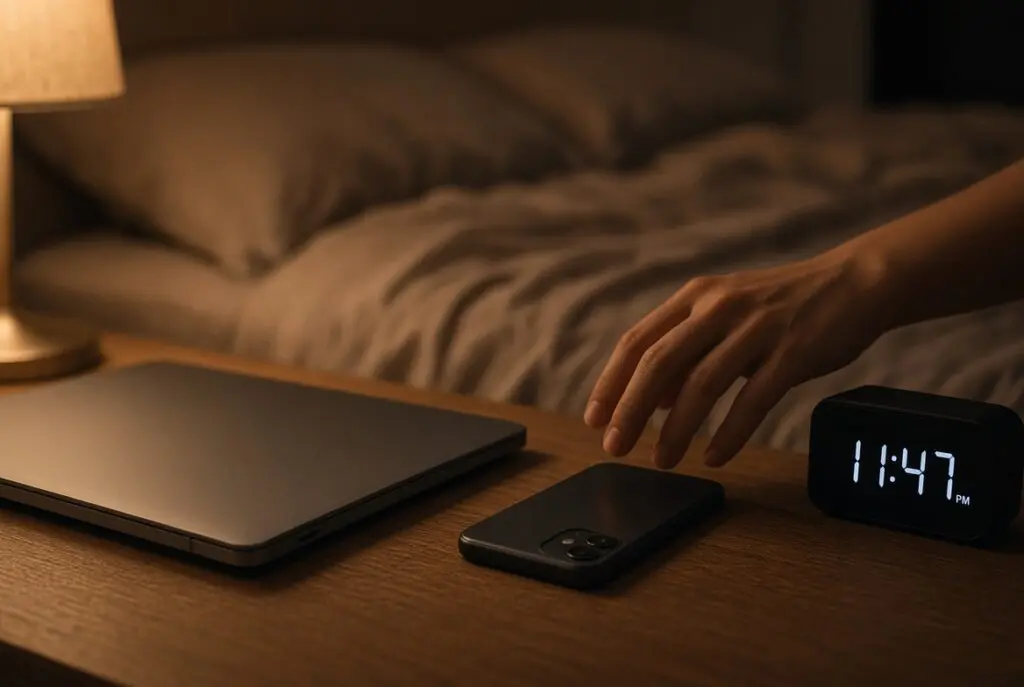 Closed laptop and face-down phone on a nightstand at 11:47 p.m., with a hand reaching toward the phone.
