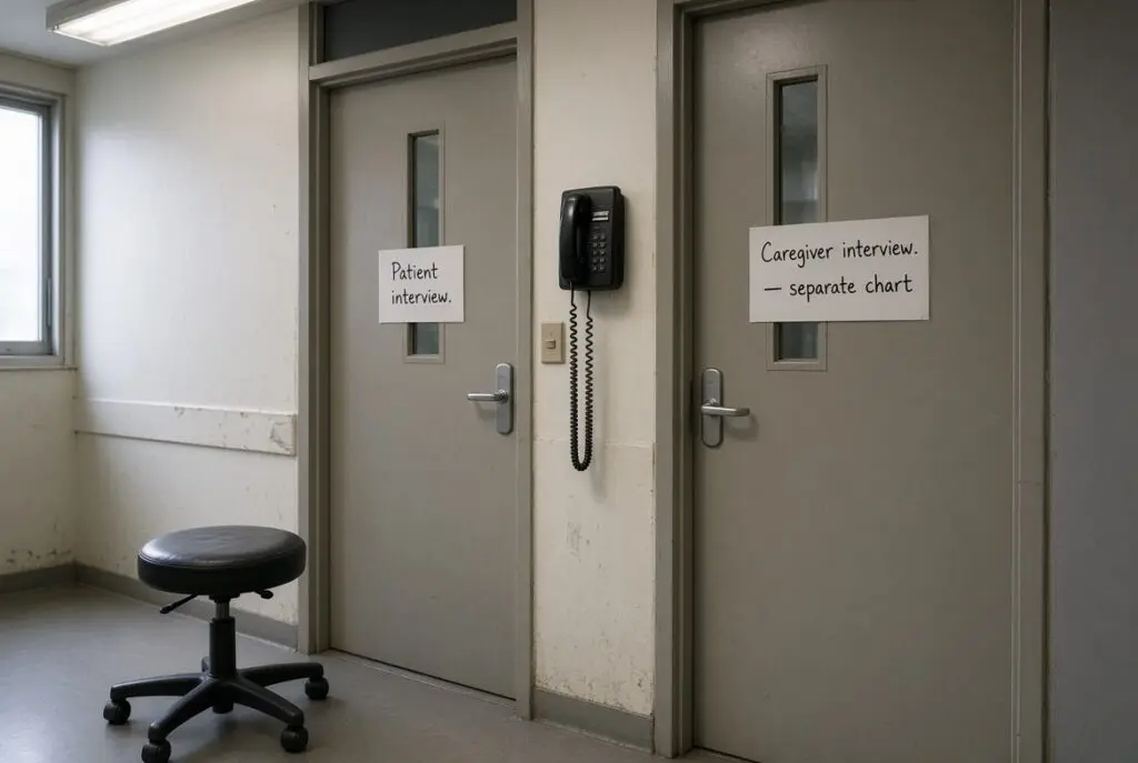 Two adjacent clinic doors marked Patient interview and Caregiver interview
