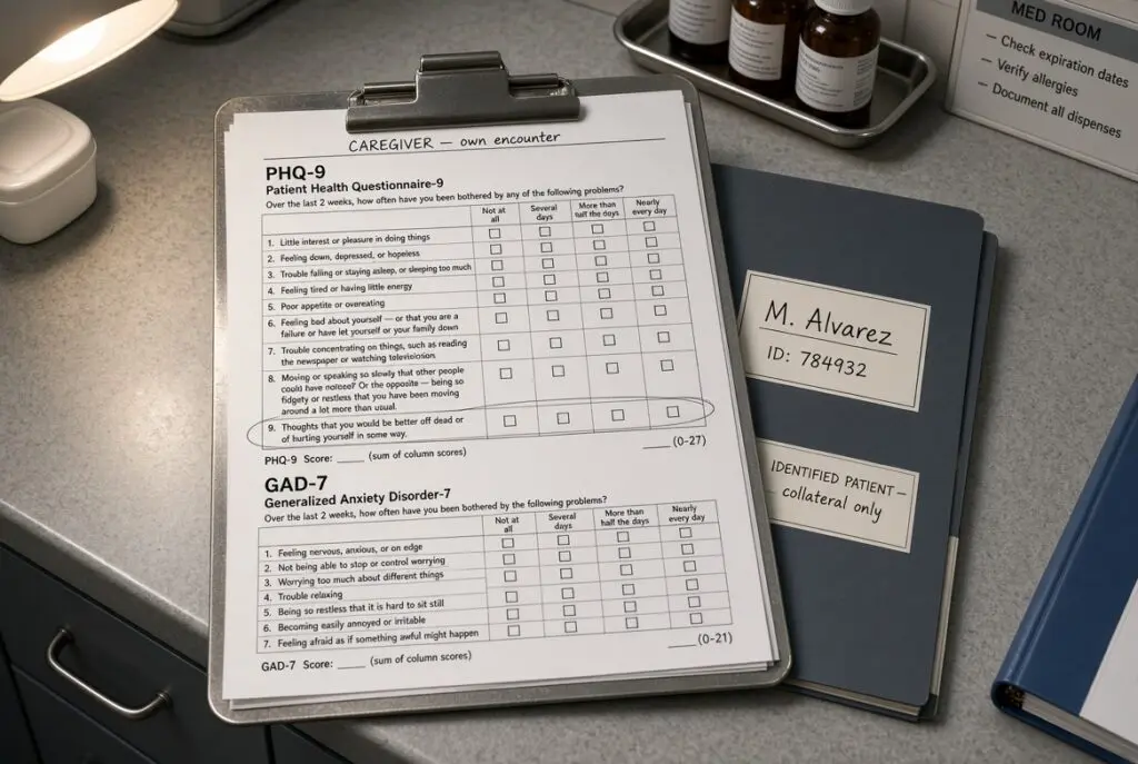 Paper PHQ-9 and GAD-7 on a clipboard labeled Caregiver, beside a separate patient chart