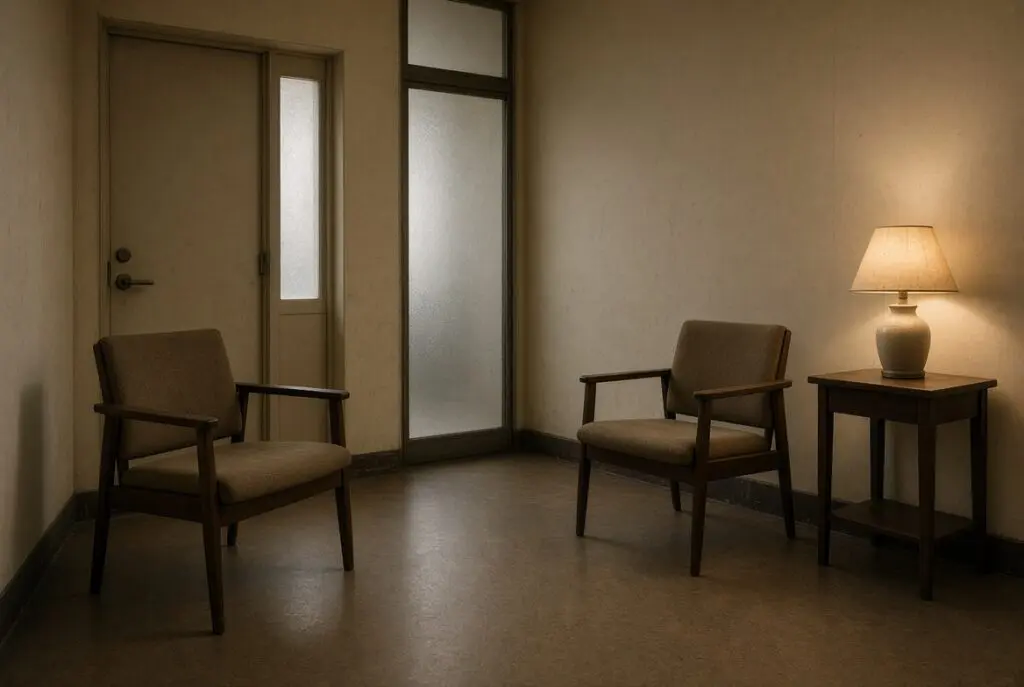Small private consult room with two facing chairs, frosted glass, and a closed door, used for confidential psychiatric care away from the unit’s public standard