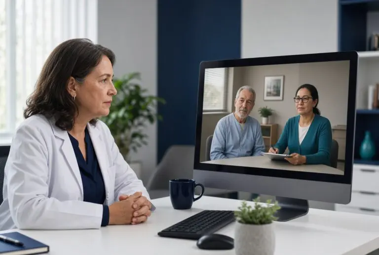 Psychiatrist conducting a secure telepsychiatry capacity evaluation with hospital staff for an adult guardianship case