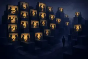 Illustration of a person walking through a maze of glowing screens showing silhouettes in conflict.