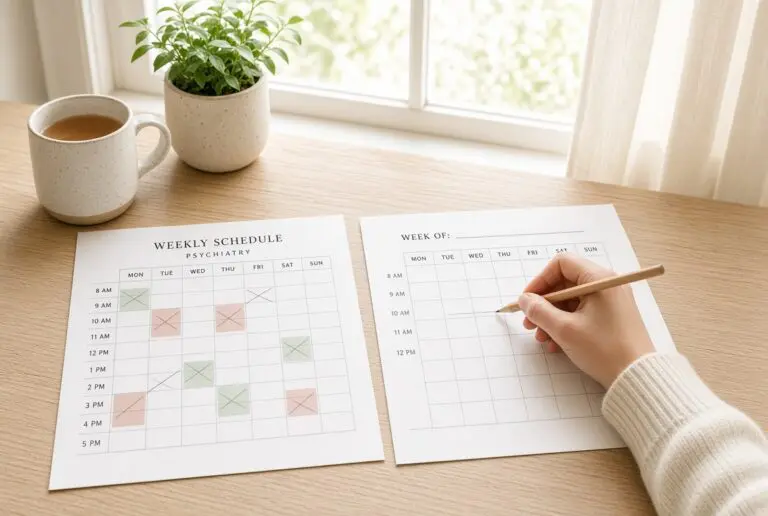 Sunlit desk with a marked-up psychiatry schedule next to a blank weekly grid being drawn by hand