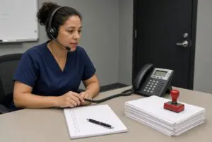Care coordinator making seven-day follow-up reminder calls after psychiatric discharge.