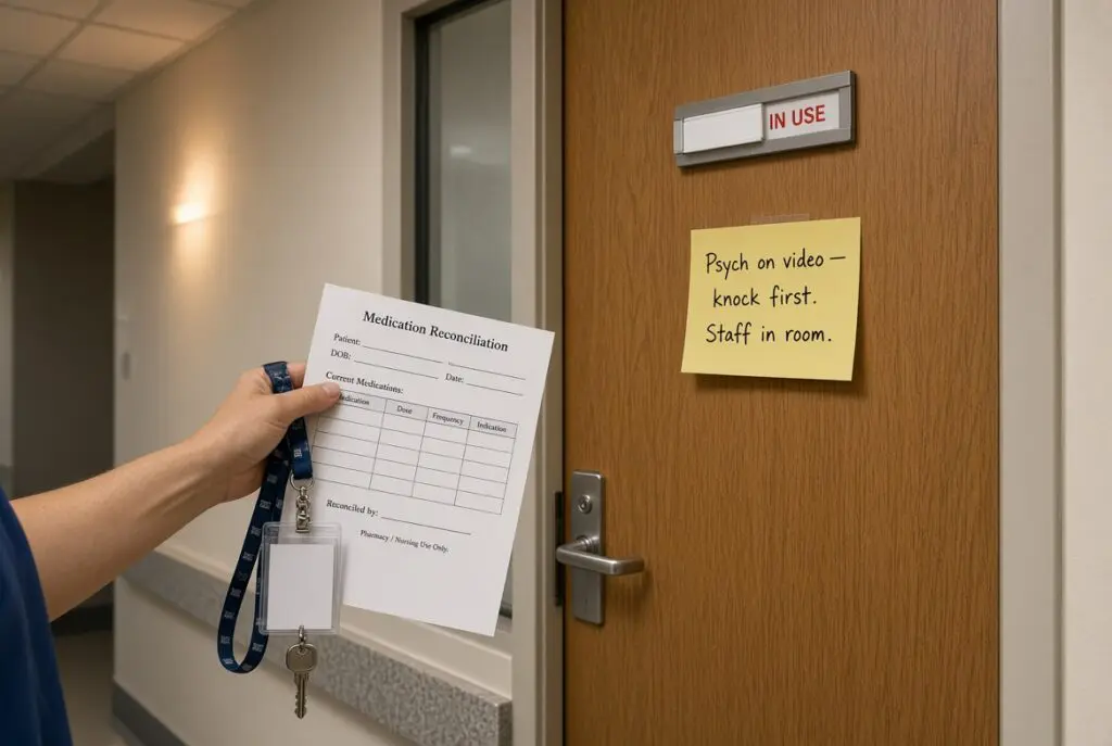 Closed consult-room door marked in use for a staffed same-day video psychiatry visit. Why it is different: FasPsych thumbs show the screen itself or an empty room. This shows the door protocol.