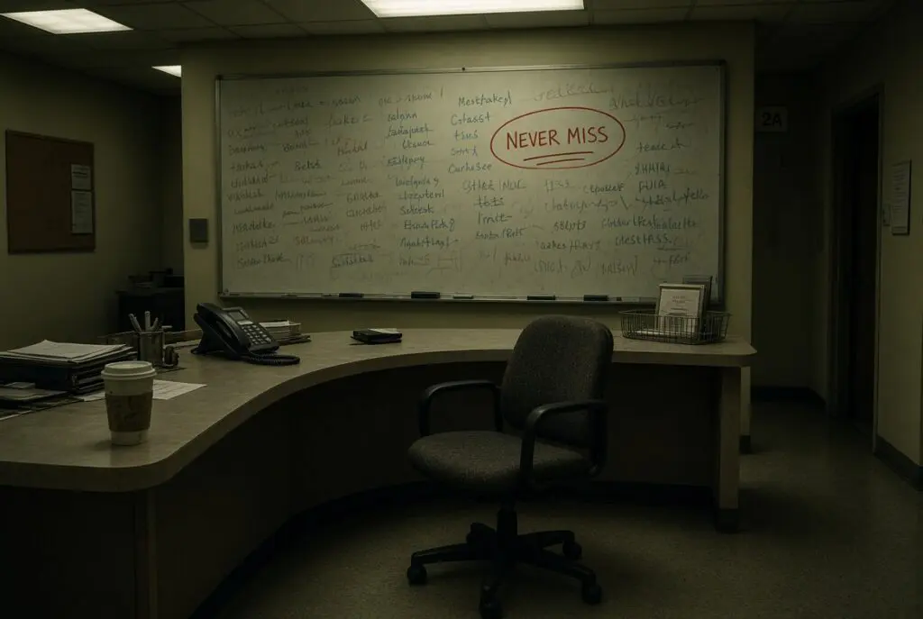 Windowless meeting room with one empty chair under a spotlight and two rows of facing chairs, showing socially prescribed perfectionism and the demand that one person never miss