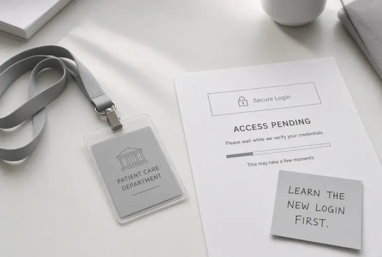 Hospital badge beside an access-pending login page and a note to learn the new login first, showing techno-insecurity before the system is usable