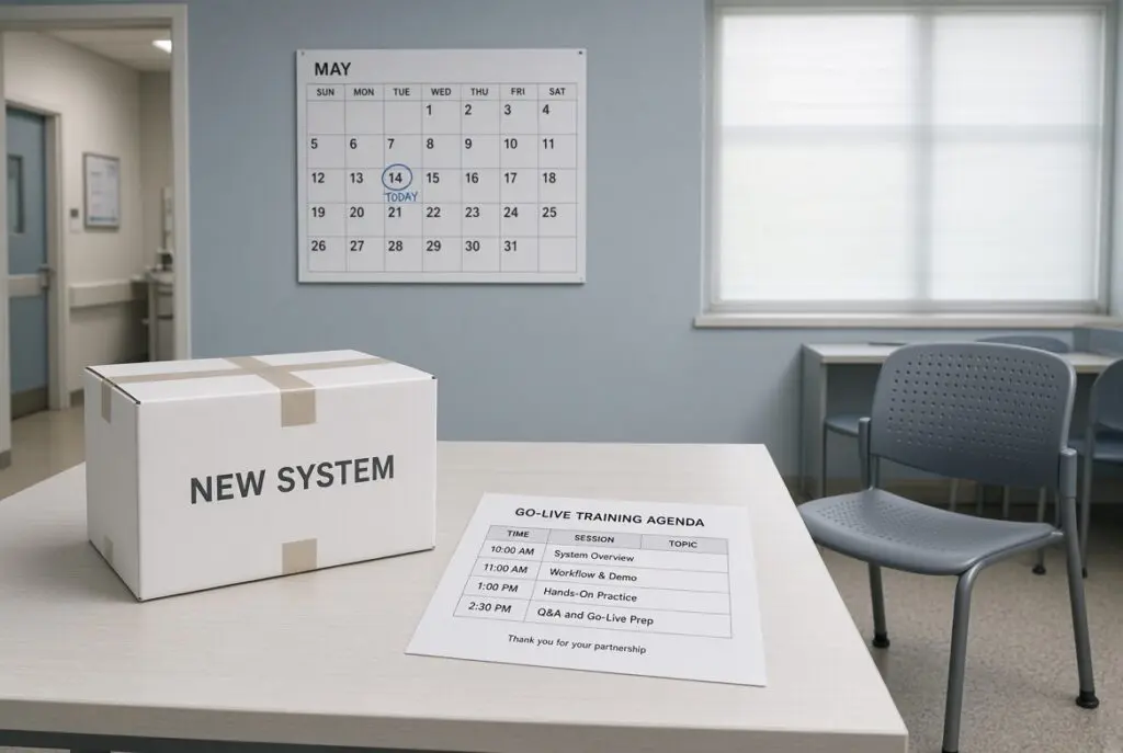 Empty training room on go-live day with an unopened new-system box and a training agenda, illustrating technological displacement anxiety before staff are taught the tool