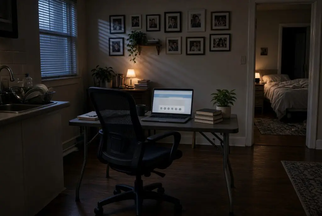 Empty telepsychiatry chair with a private home visible behind the camera