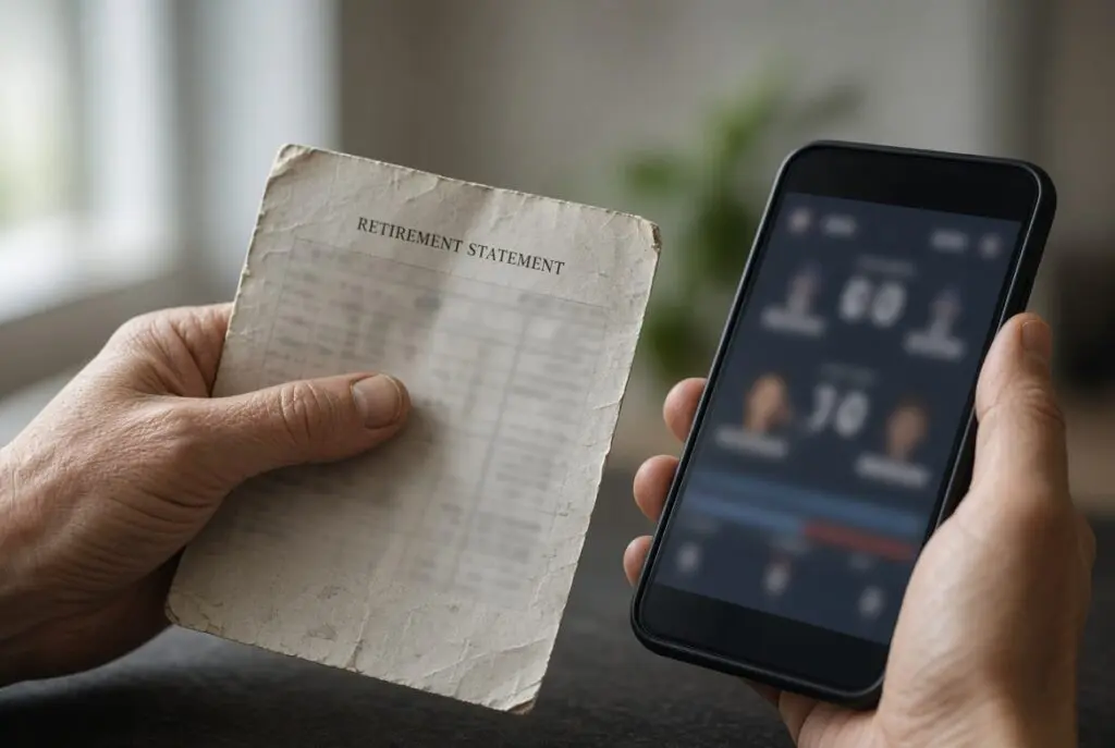 Hands holding a retirement statement in one hand and a smartphone in the other.