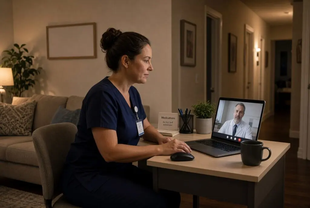 Night nurse at a residential treatment facility conducting an after-hours telepsychiatry video consultation for crisis response and escalation