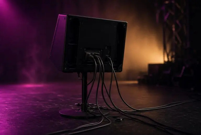 Back of a stage monitor with cables on a dark stage floor under magenta and amber lighting, illustrating the infrastructure behind a performance that the audience never sees.