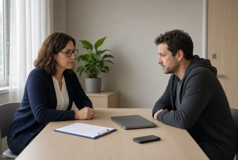 Clinician and adult patient across a table at behavioral health intake, with a short form, a closed laptop, and a phone face-down.
