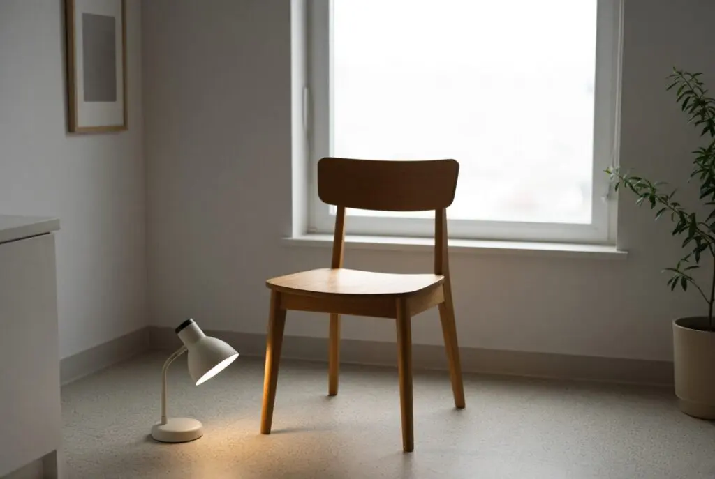Wooden chair in a clinic room lit evenly by a small lamp in front of it, with a bright window creating backlight behind the chair.
