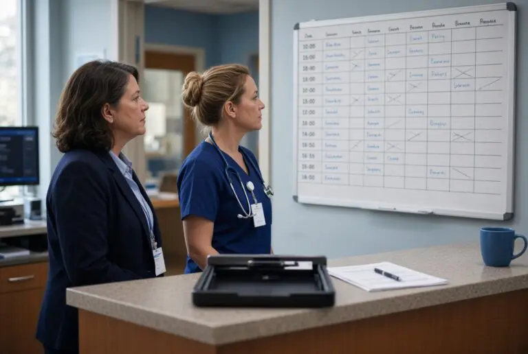 Hospital administrator and charge nurse review a clinic schedule with uncovered psychiatry slots and an empty contractor badge tray.