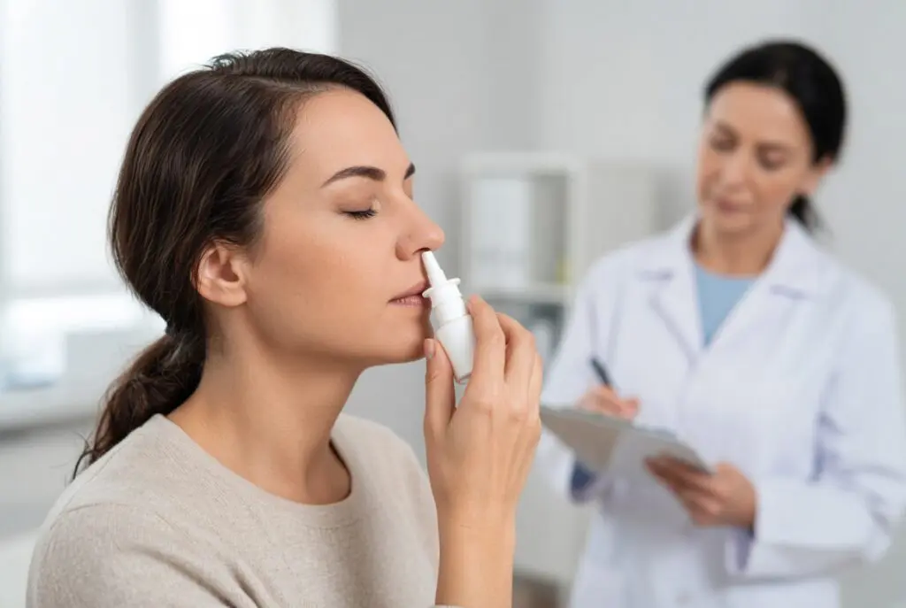 Patient using nasal spray device under clinical supervision in a modern clinic