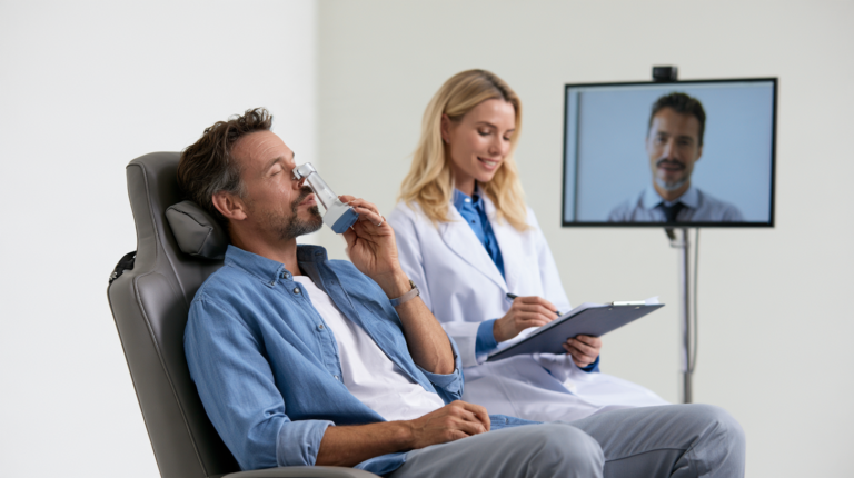 A man is leaning back with a nasal spray while on a telemedicine call.