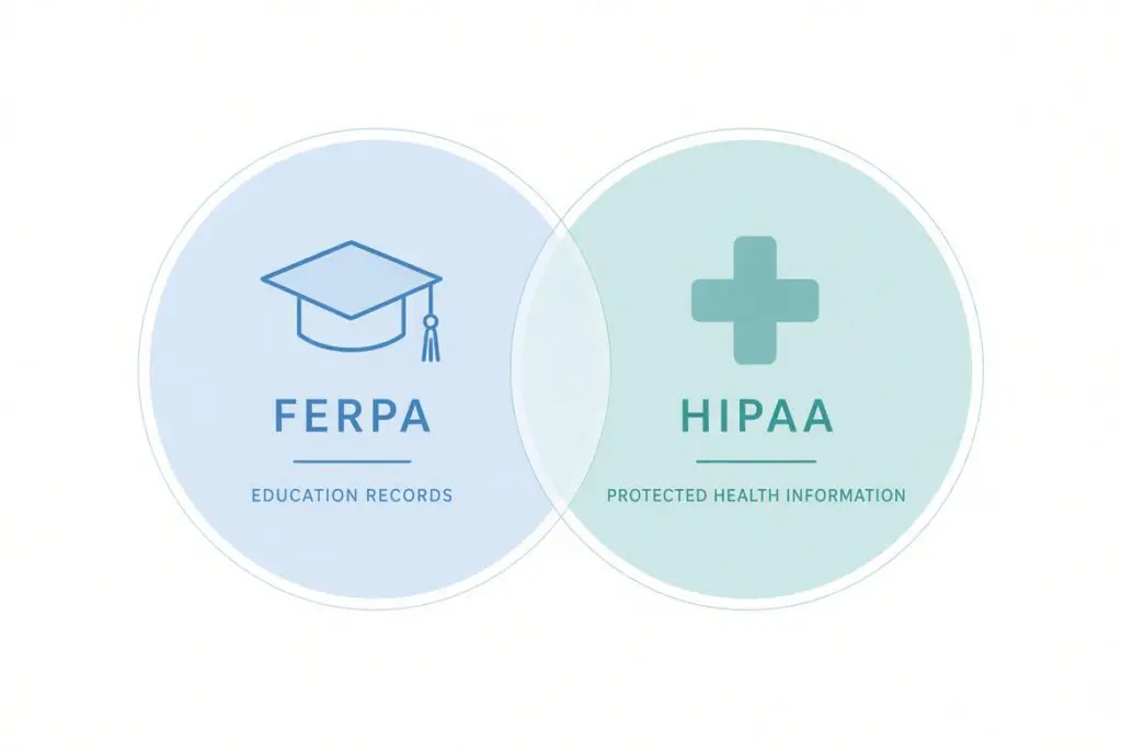 Abstract diagram comparing FERPA education records and HIPAA protected health information for campus telepsychiatry and virtual medication management.
