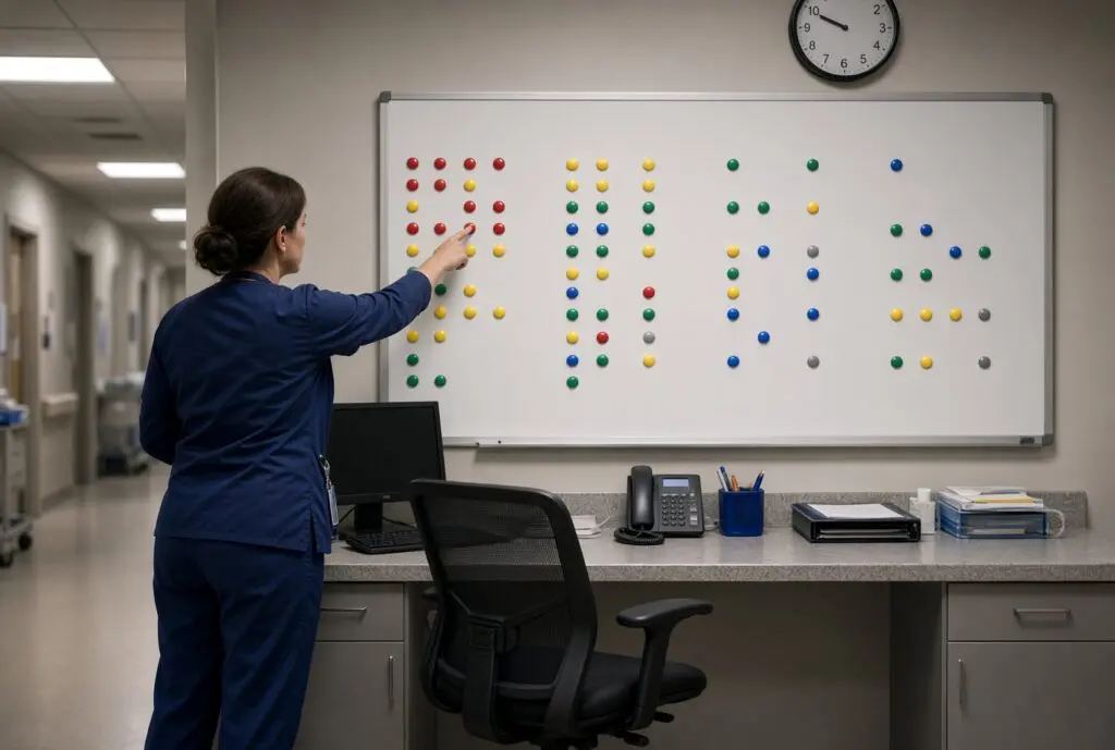 Charge nurse points to the first column of a four-column scheduling board while a wall clock marks the current hour.
