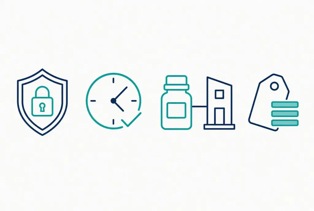Abstract icons representing the four key questions for evaluating virtual medication management: privacy rules, prescriber availability, on-site administration, and pricing.