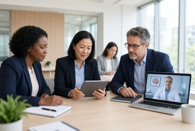 Hospital administrators and clinical leaders reviewing a telepsychiatry staffing contract to negotiate flexible terms and panel ownership.