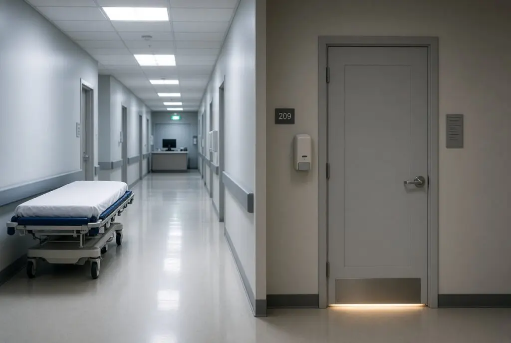Bright fluorescent hospital hallway with an empty gurney beside a closed private room door, with warm light visible under the door.
