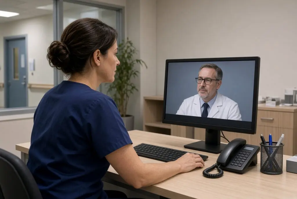 Telemedicine meeting between doctor and nurse in hospital.