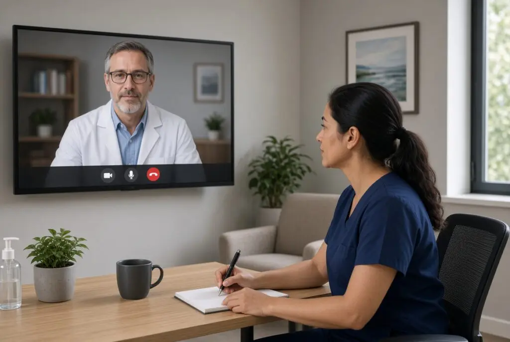 Clinic nurse in a telemedicine video conference with a remote psychiatrist for ketamine program staffing