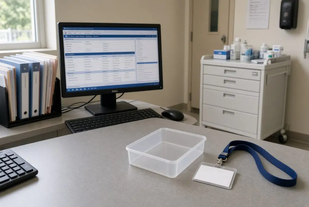 Facility EHR workstation, chart rack, and medication cart remain on a clinic desk beside an empty contractor badge tray.