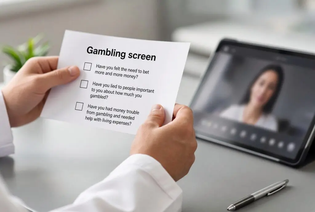 Clinician holding a gambling screen with three checkbox questions on betting more, lying about gambling, and money trouble, beside a tablet video visit.