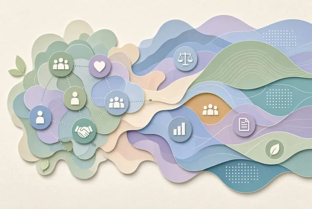 Abstract layered translucent forms representing interconnected care networks and administrative pathways in a soft blue and neutral palette.