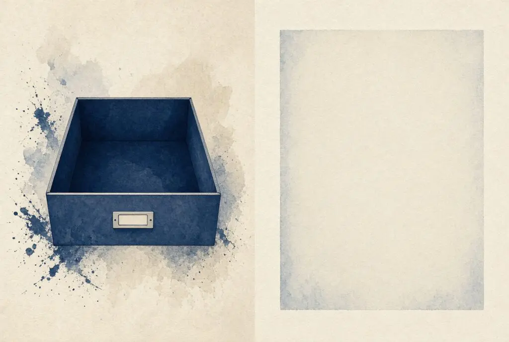 An open archive drawer is empty, and the same empty square is left unmarked.