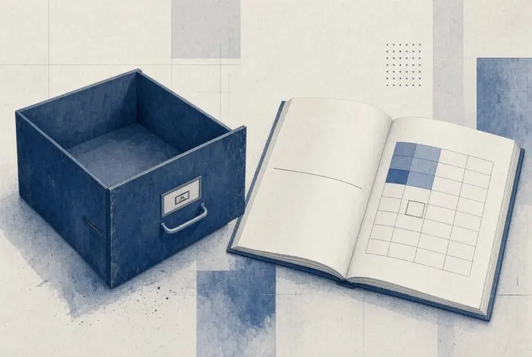 The same empty square left blank beside an open ledger and a scored grid, the refusal written as a line rather than a scene.