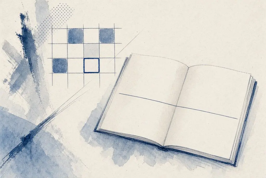 An open ledger with one ruled line and a scored grid that leaves most cells empty.