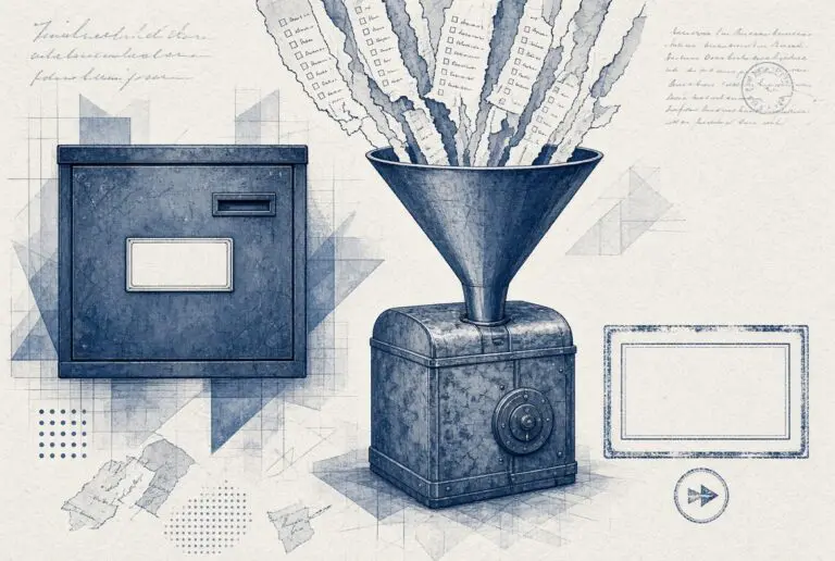 An abstract sealed archive drawer and a blank square treated as a finding, with a symptom list funneling into an empty vault.