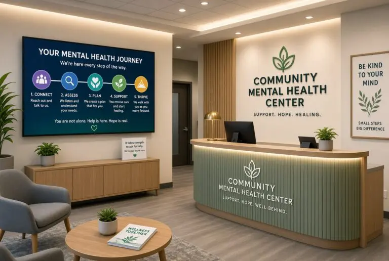 Modern community mental health center reception area with a large wall screen showing a simple timeline of eligibility milestones, natural lighting, and staff in the background.