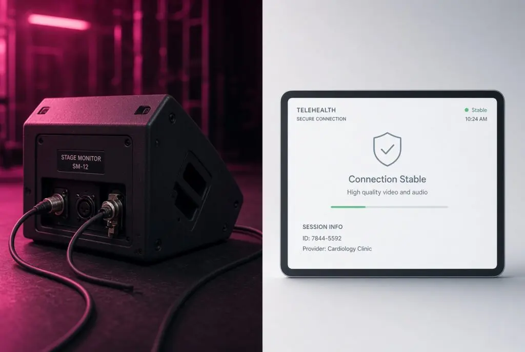 Split image showing stage monitor infrastructure beside a stable telehealth connection screen, contrasting the architecture the patient never sees with the simple visit they experience.