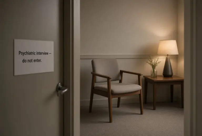 Closed door with a “Psychiatric interview — do not enter” sign, opening onto a quiet consult room with a wooden chair and a soft table lamp.