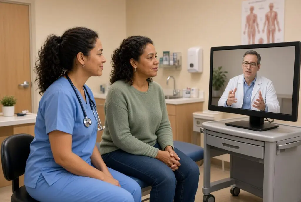 Nurse sits with a patient during a same-day video psychiatry visit inside a community clinic exam room.