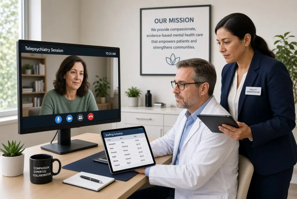Licensed psychiatrist delivering a secure telepsychiatry video session while a facility administrator reviews the staffing schedule for continuous coverage.