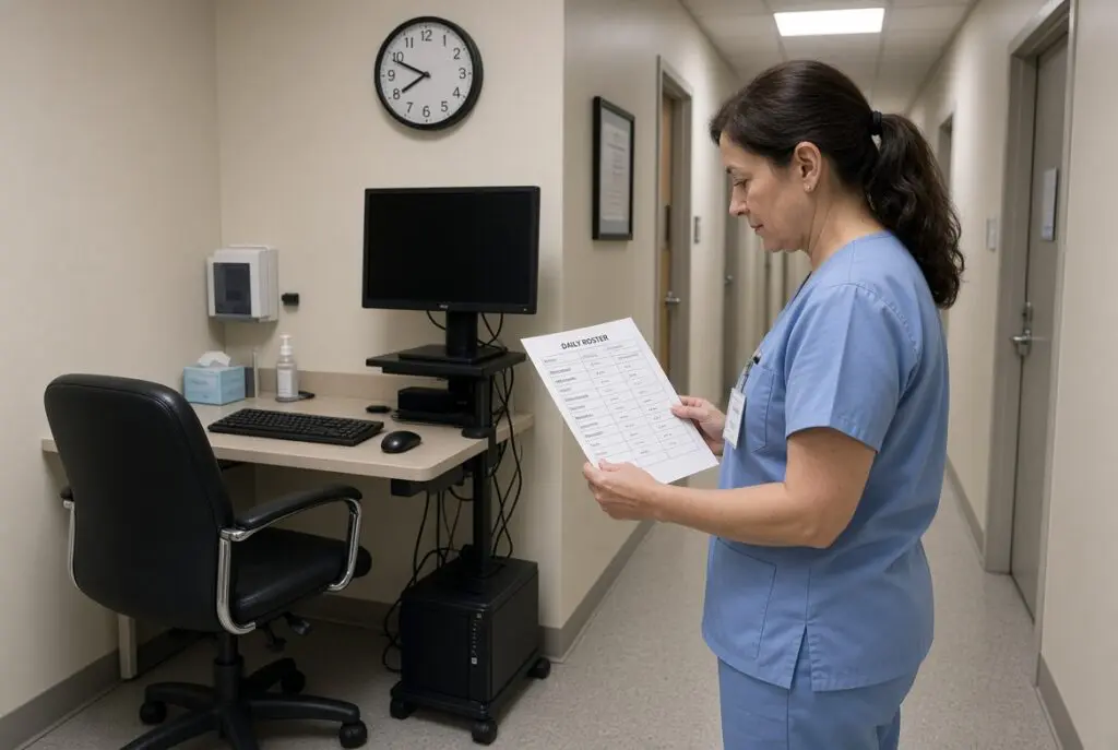 A nurse in a clinic hallway reads a Monday roster beside an empty clinician chair and a powered-off computer.
