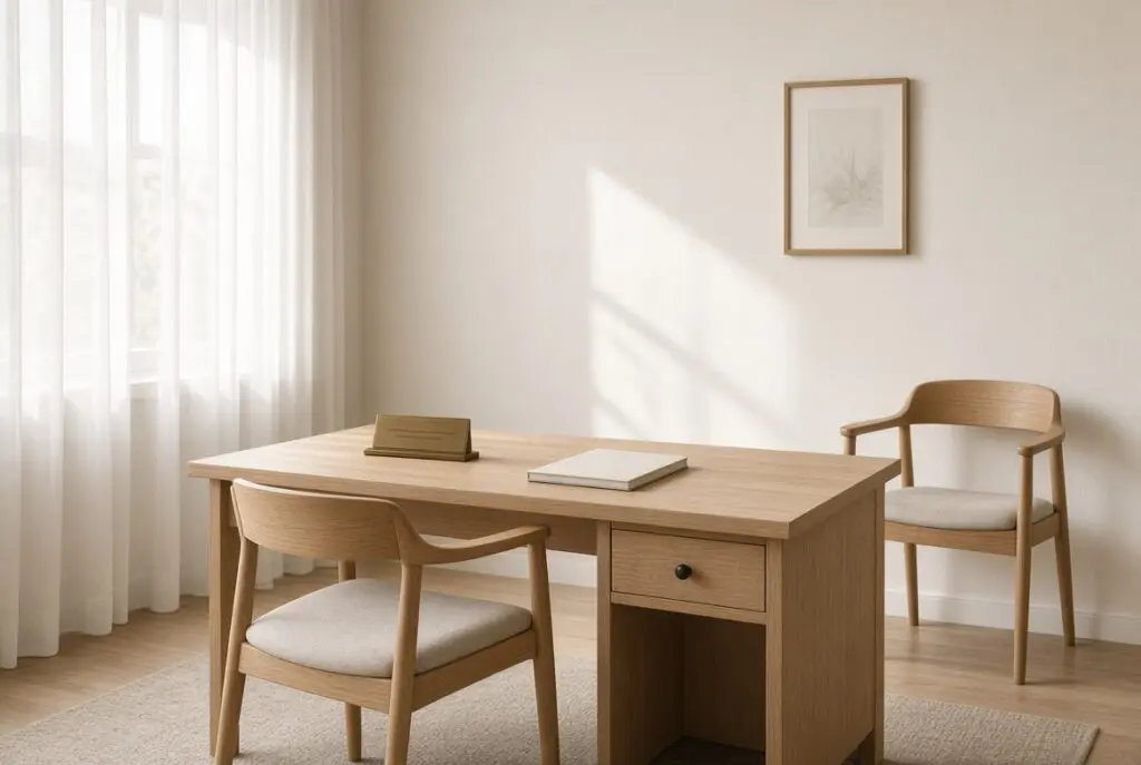 Sunlit office after a handover with a turned nameplate, a blank notebook, and two chairs, one still waiting against the wall
