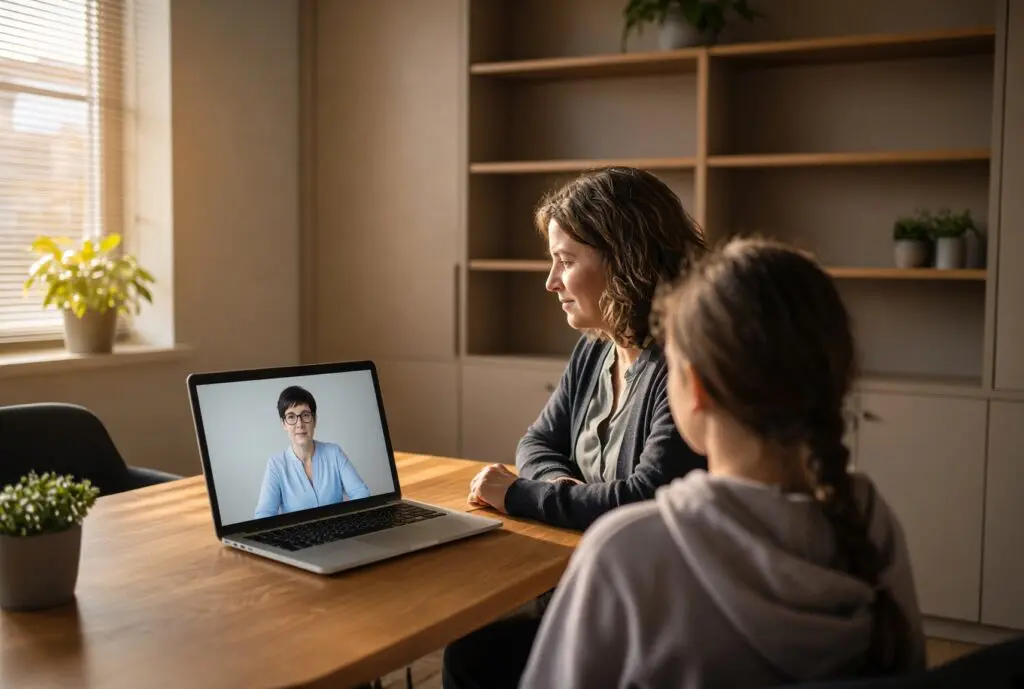 A doctor meeting with parent and child over video conference.
