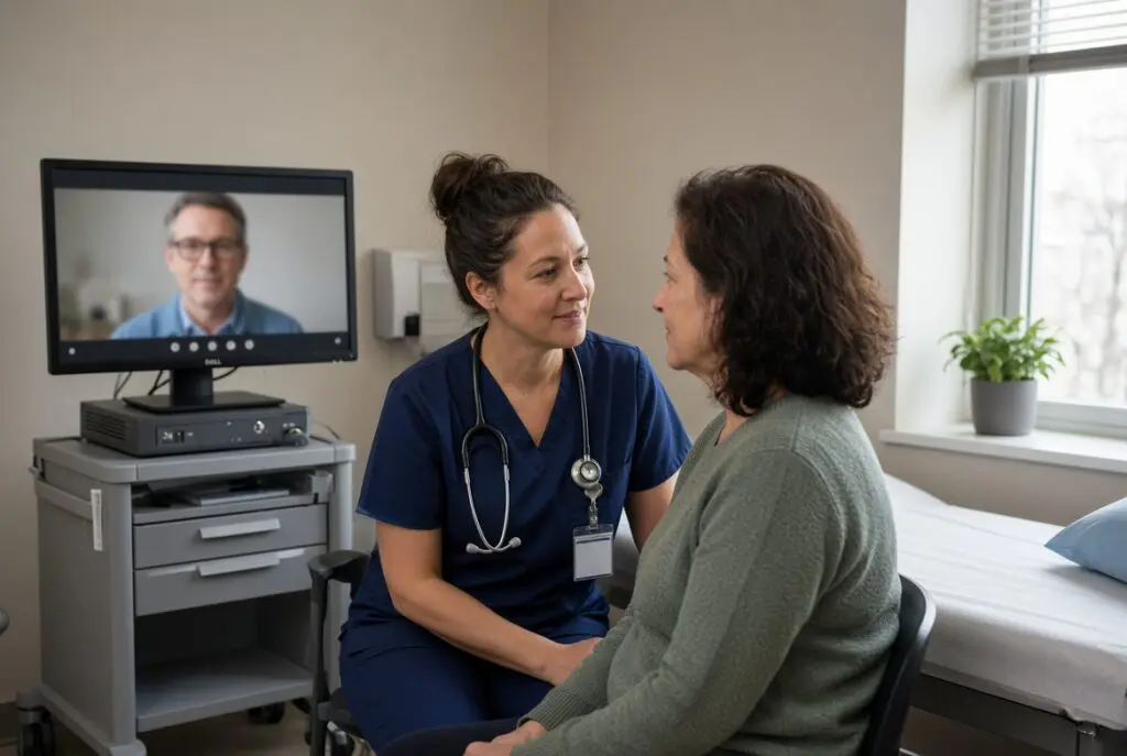 A nurse sits with an adult patient during a same-day telepsychiatry video visit on a clinic cart.