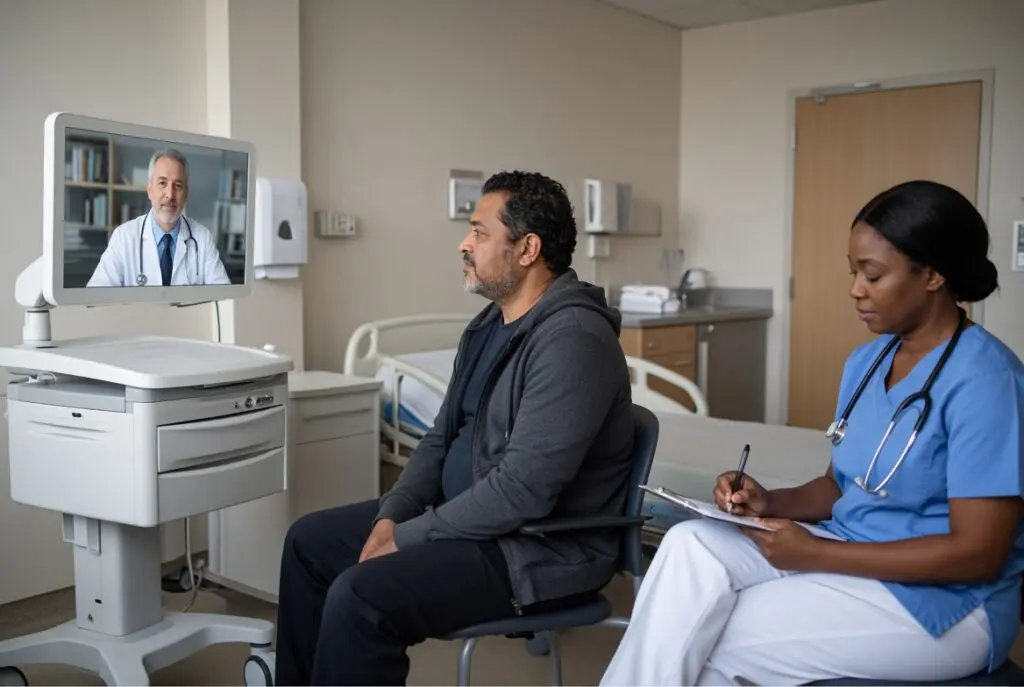 Board-certified psychiatrist conducting a virtual psychiatric evaluation via video cart with a patient and nurse in a rural hospital emergency department room.