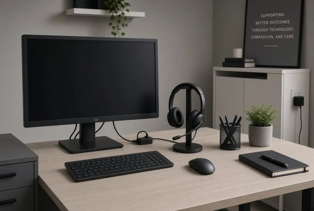 Clean clinical desk with a dark monitor, headset, and organized cables, representing the telepsychiatry reliability layer that stays invisible to the patient.