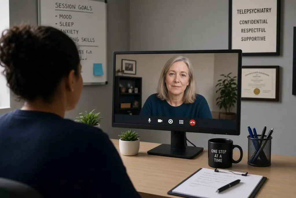 Over-the-shoulder view of a psychiatric provider conducting a calm telepsychiatry session on a laptop in a quiet office, with the patient visible on screen.
